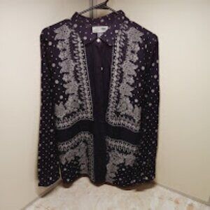womens xl blue and white button down long sleeve blouse bandana print allover